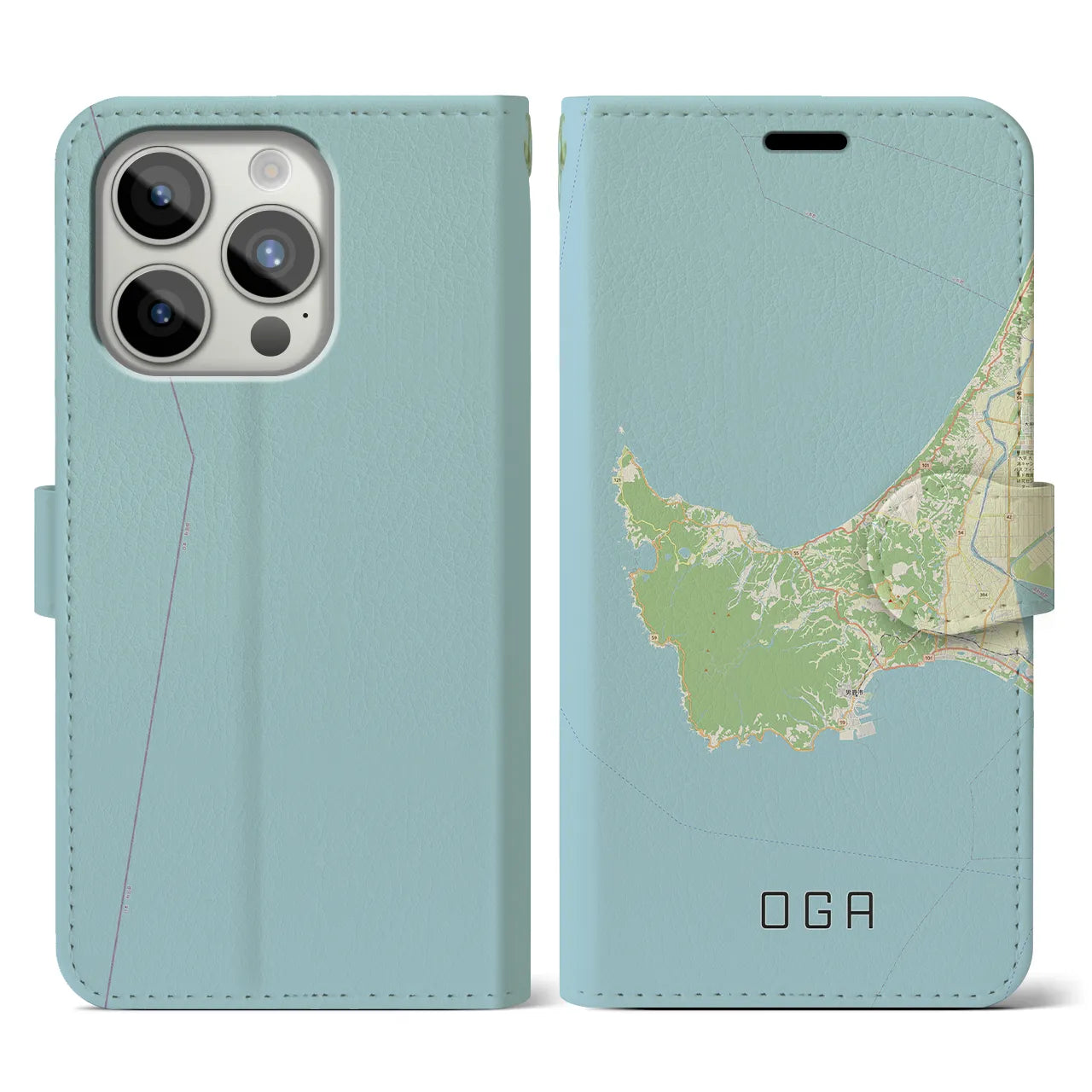 【男鹿(秋田県)】地図柄iPhoneケース(手帳タイプ)ナチュラル・iPhone 15 Pro 用