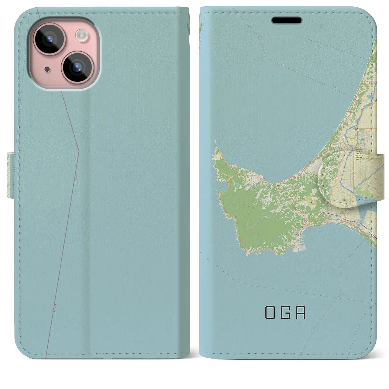 【男鹿(秋田県)】地図柄iPhoneケース(手帳タイプ)ナチュラル・iPhone 15 Plus 用