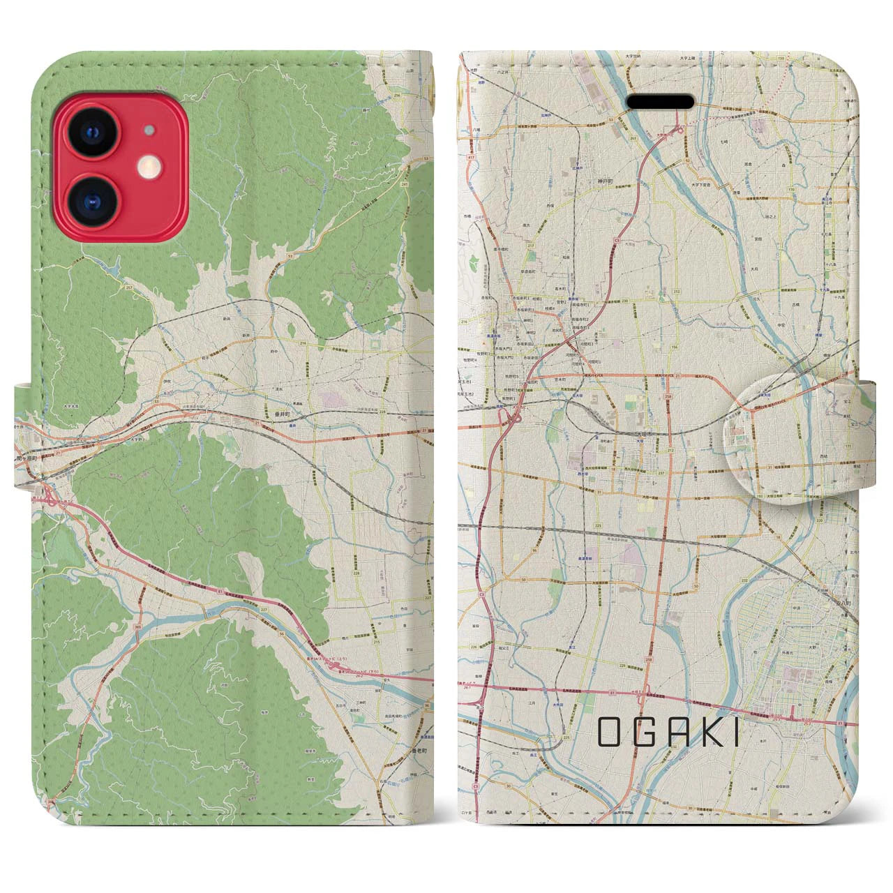【大垣(岐阜県)】地図柄iPhoneケース(手帳タイプ)ナチュラル・iPhone 11 用