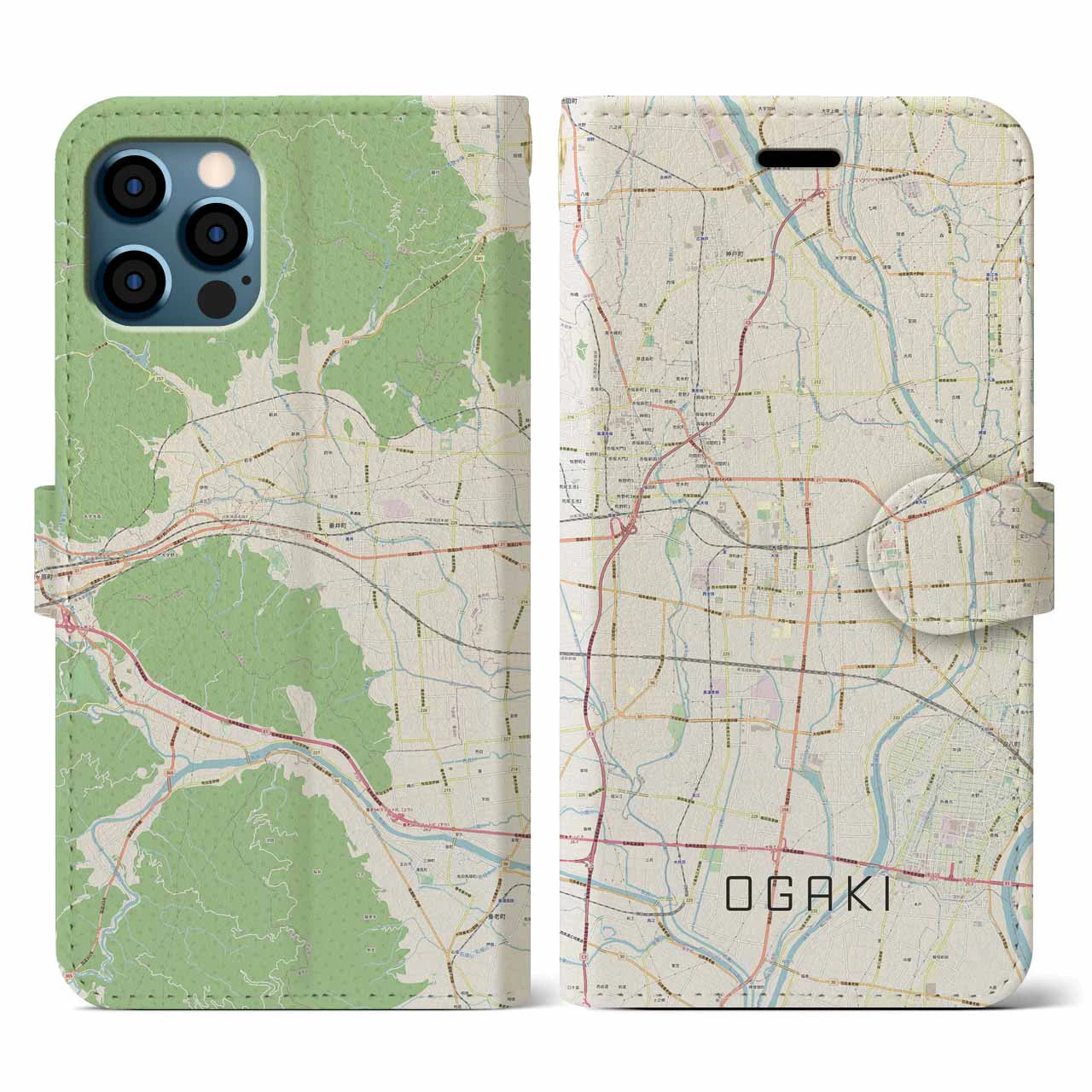 【大垣(岐阜県)】地図柄iPhoneケース(手帳タイプ)ナチュラル・iPhone 12 / 12 Pro 用