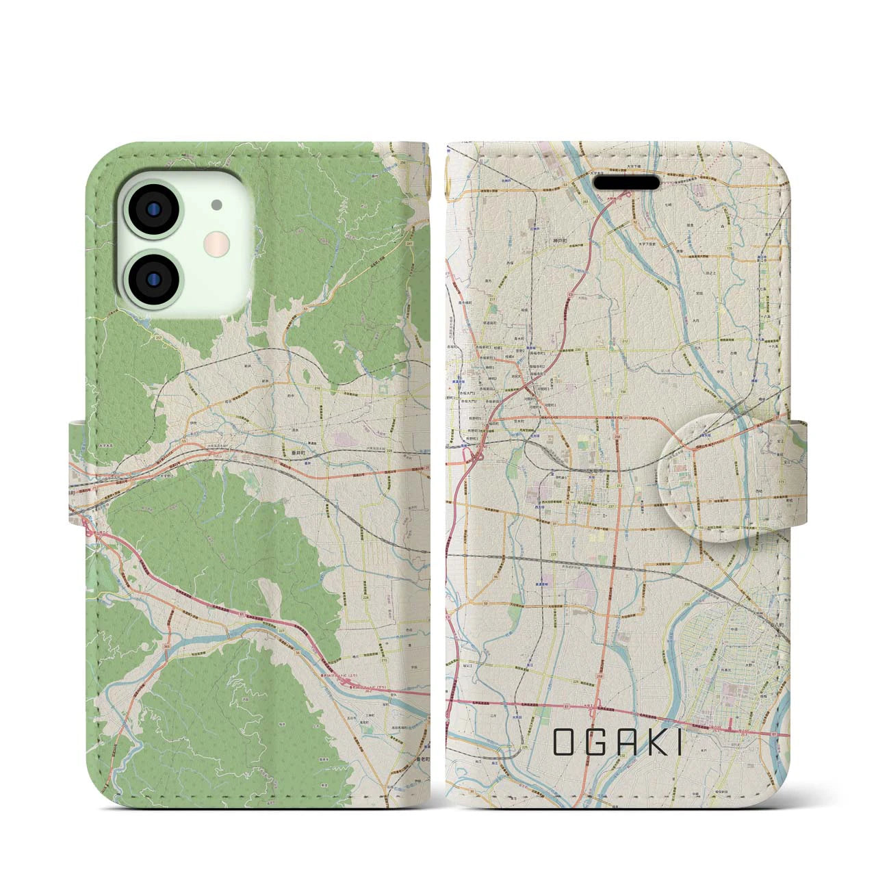 【大垣(岐阜県)】地図柄iPhoneケース(手帳タイプ)ナチュラル・iPhone 12 mini 用