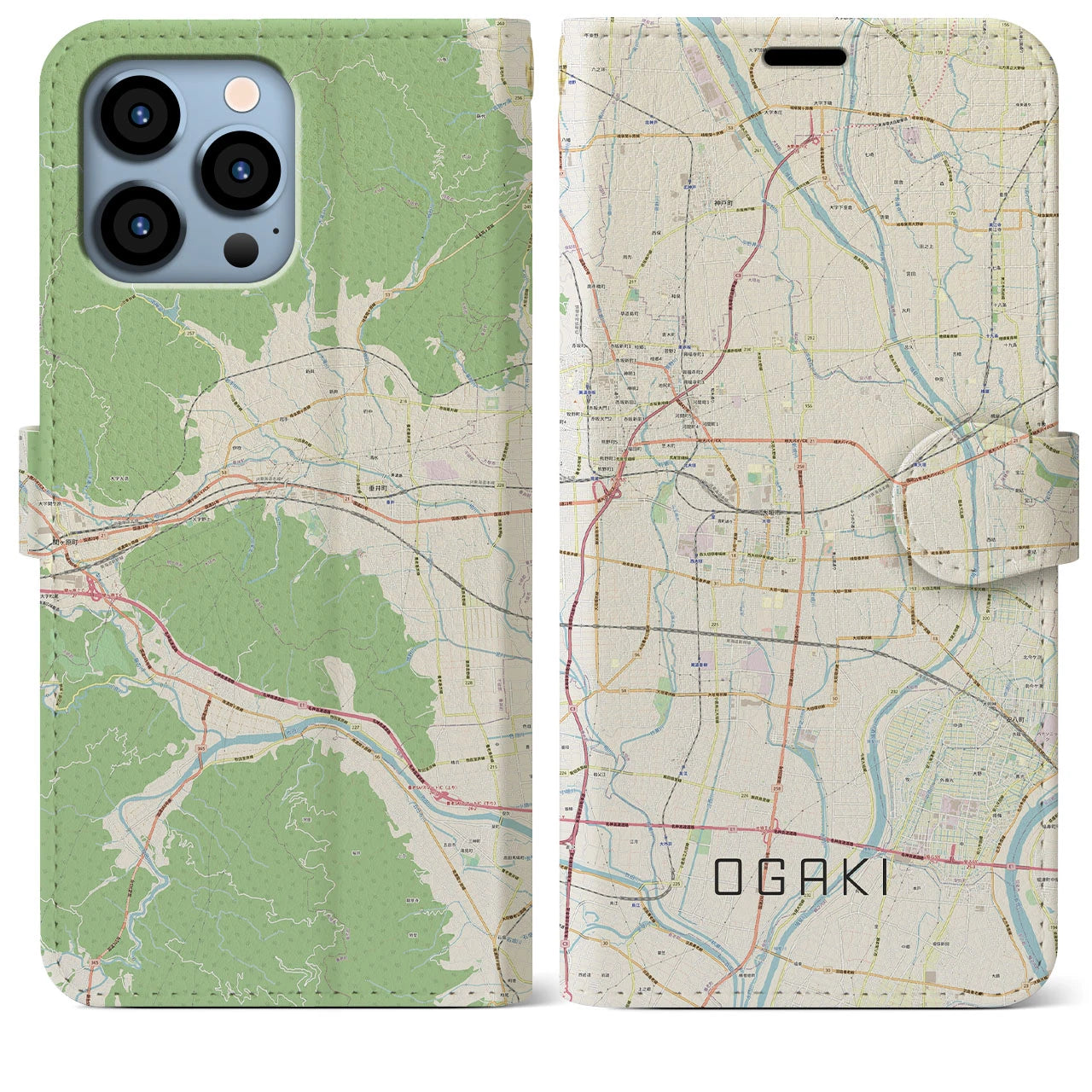 【大垣(岐阜県)】地図柄iPhoneケース(手帳タイプ)ナチュラル・iPhone 13 Pro Max 用