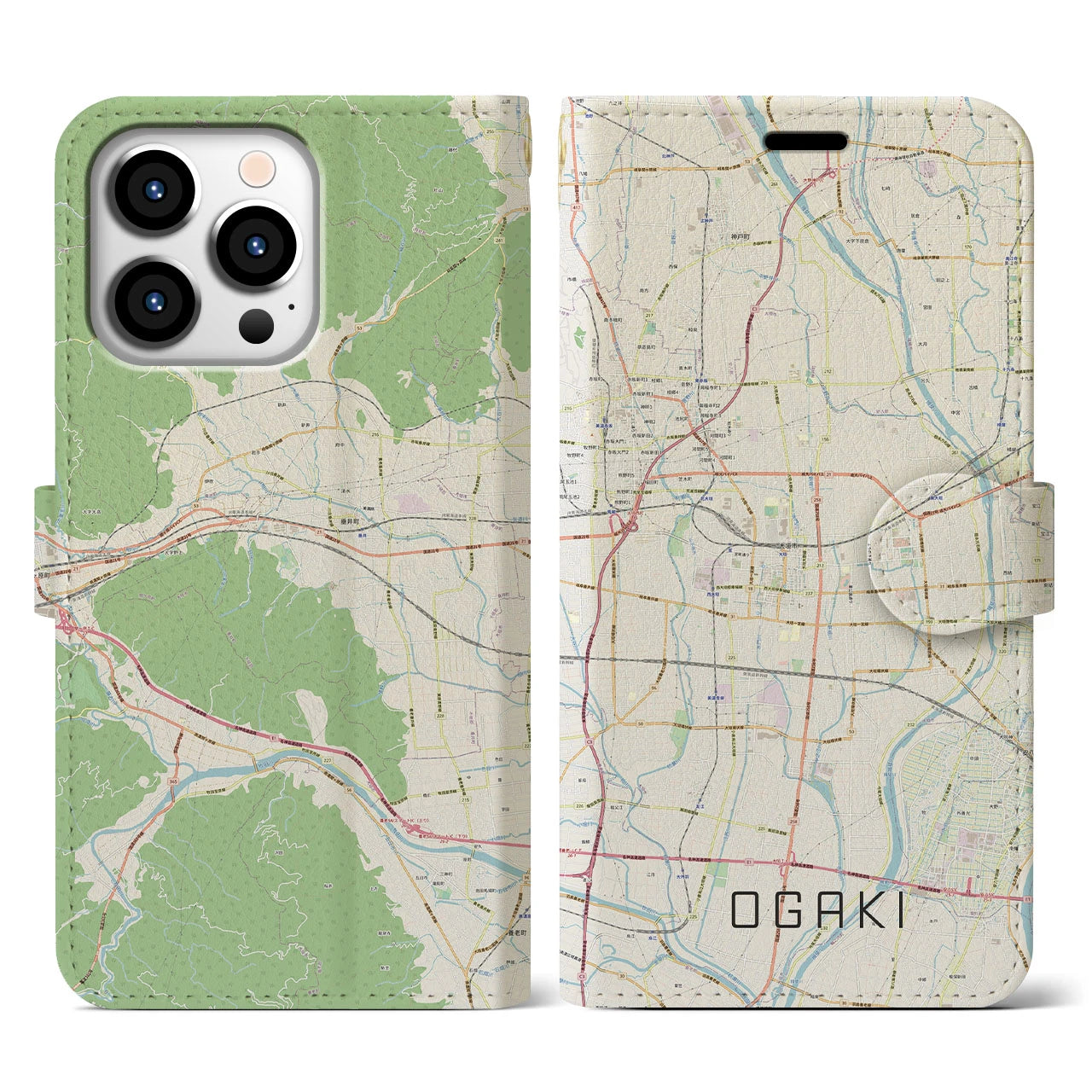 【大垣(岐阜県)】地図柄iPhoneケース(手帳タイプ)ナチュラル・iPhone 13 Pro 用