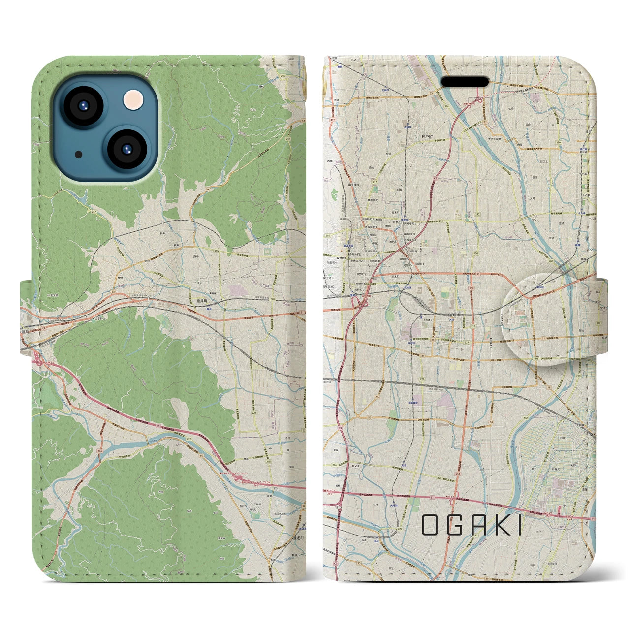 【大垣(岐阜県)】地図柄iPhoneケース(手帳タイプ)ナチュラル・iPhone 13 用
