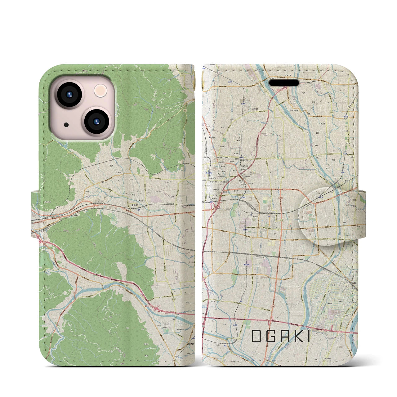 【大垣(岐阜県)】地図柄iPhoneケース(手帳タイプ)ナチュラル・iPhone 13 mini 用