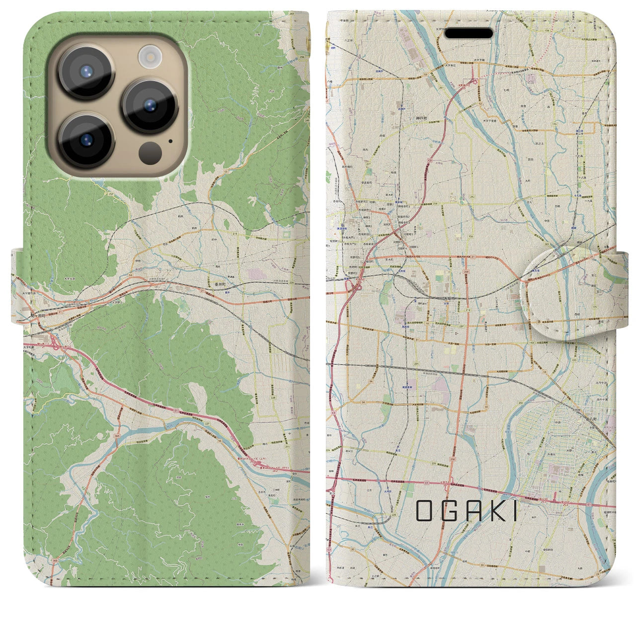 【大垣(岐阜県)】地図柄iPhoneケース(手帳タイプ)ナチュラル・iPhone 14 Pro Max 用
