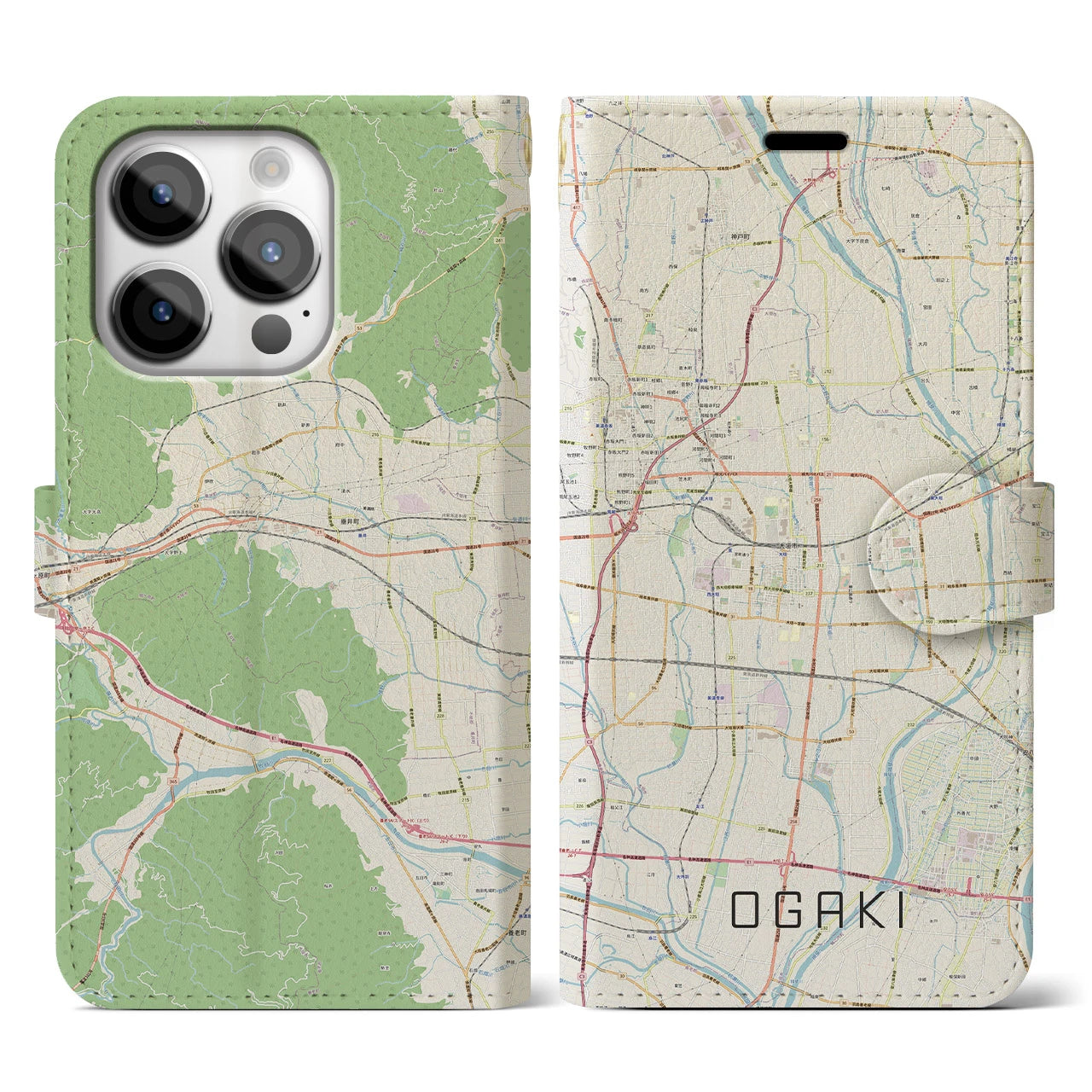 【大垣(岐阜県)】地図柄iPhoneケース(手帳タイプ)ナチュラル・iPhone 14 Pro 用