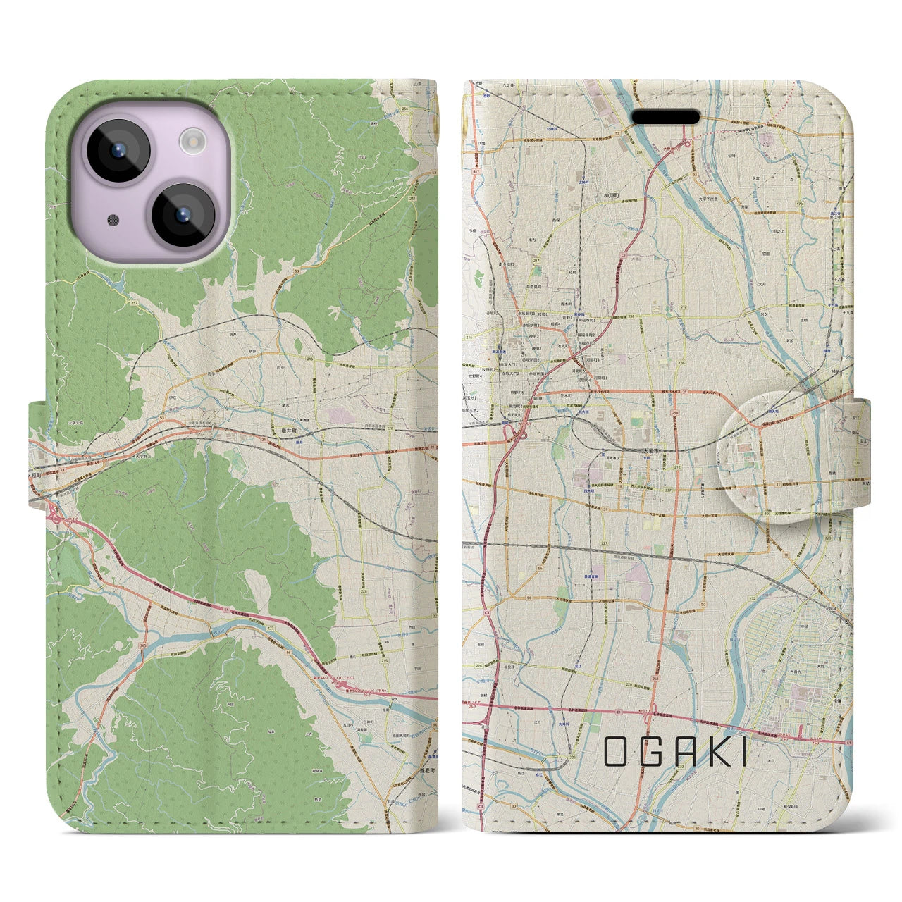 【大垣(岐阜県)】地図柄iPhoneケース(手帳タイプ)ナチュラル・iPhone 14 用