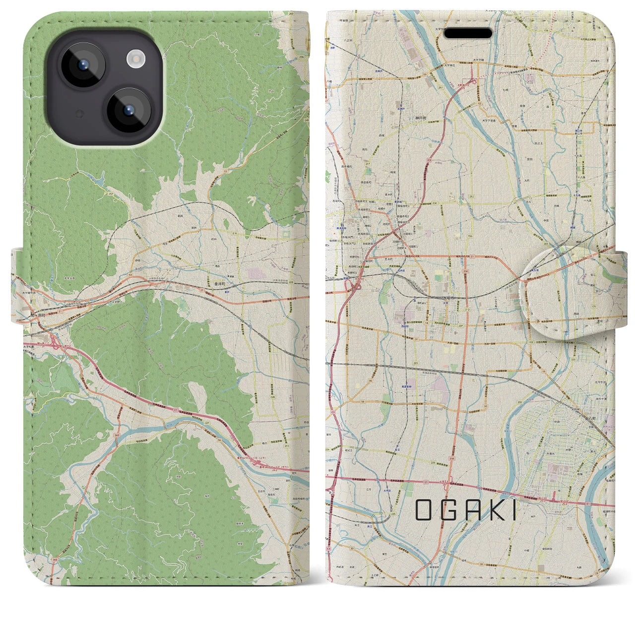 【大垣(岐阜県)】地図柄iPhoneケース(手帳タイプ)ナチュラル・iPhone 14 Plus 用