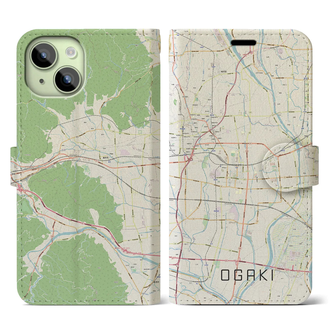【大垣(岐阜県)】地図柄iPhoneケース(手帳タイプ)ナチュラル・iPhone 15 用