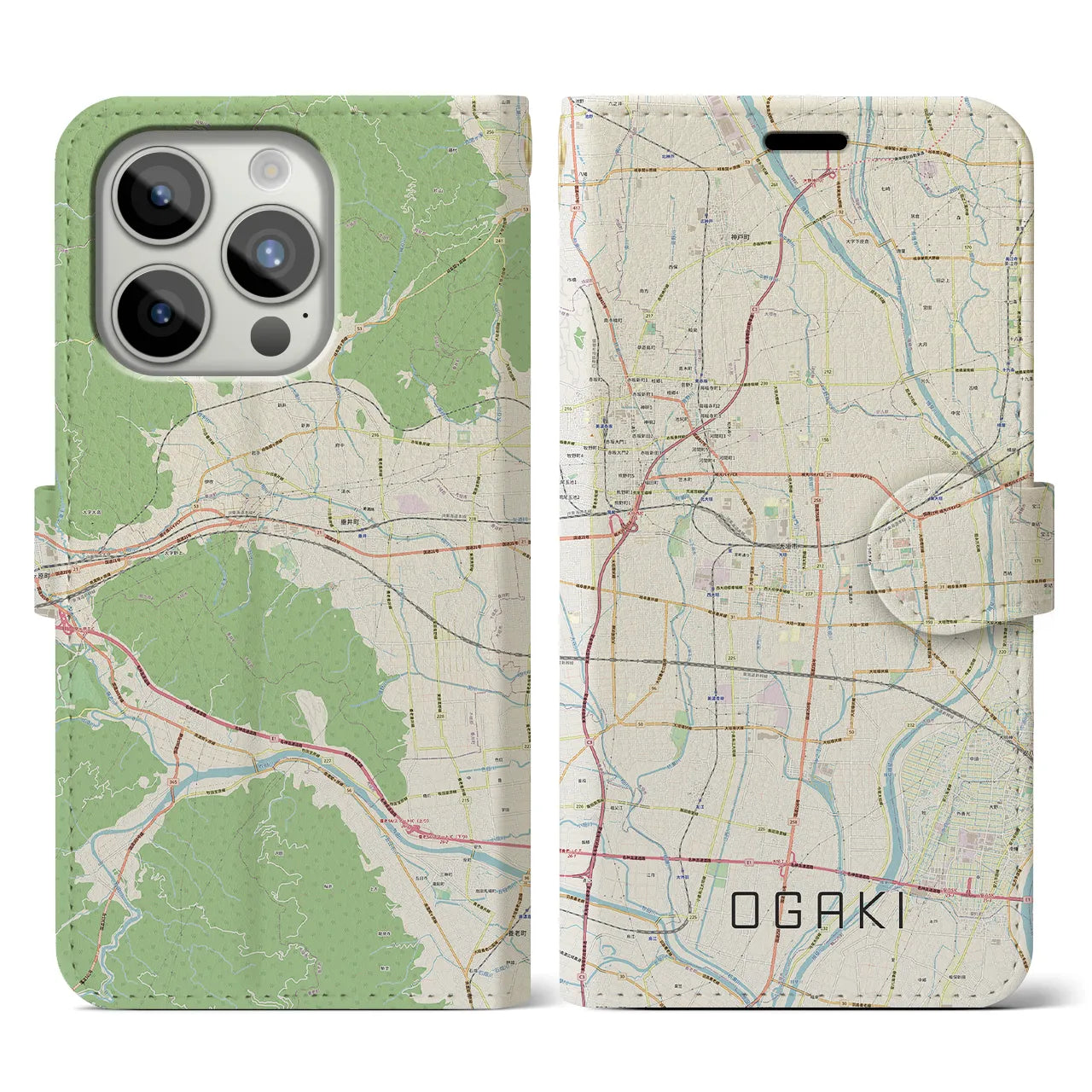 【大垣(岐阜県)】地図柄iPhoneケース(手帳タイプ)ナチュラル・iPhone 15 Pro 用