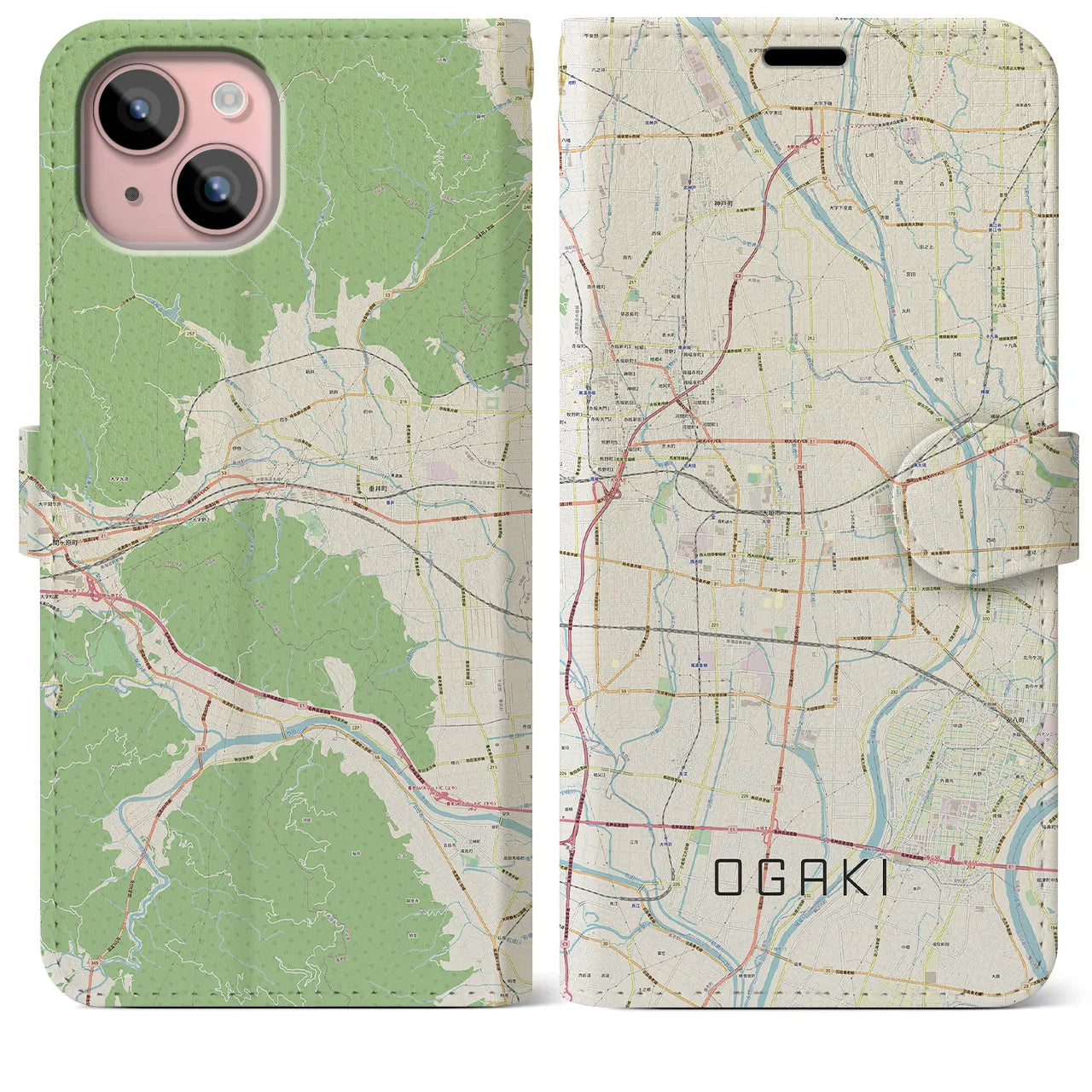 【大垣(岐阜県)】地図柄iPhoneケース(手帳タイプ)ナチュラル・iPhone 15 Plus 用