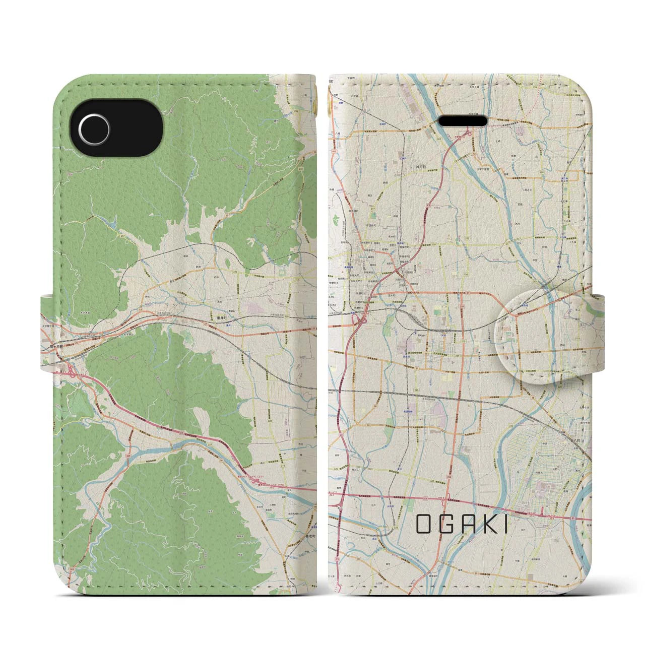【大垣(岐阜県)】地図柄iPhoneケース(手帳タイプ)ナチュラル・iPhone SE(第3 / 第2世代) / 8 / 7 / 6s / 6 用
