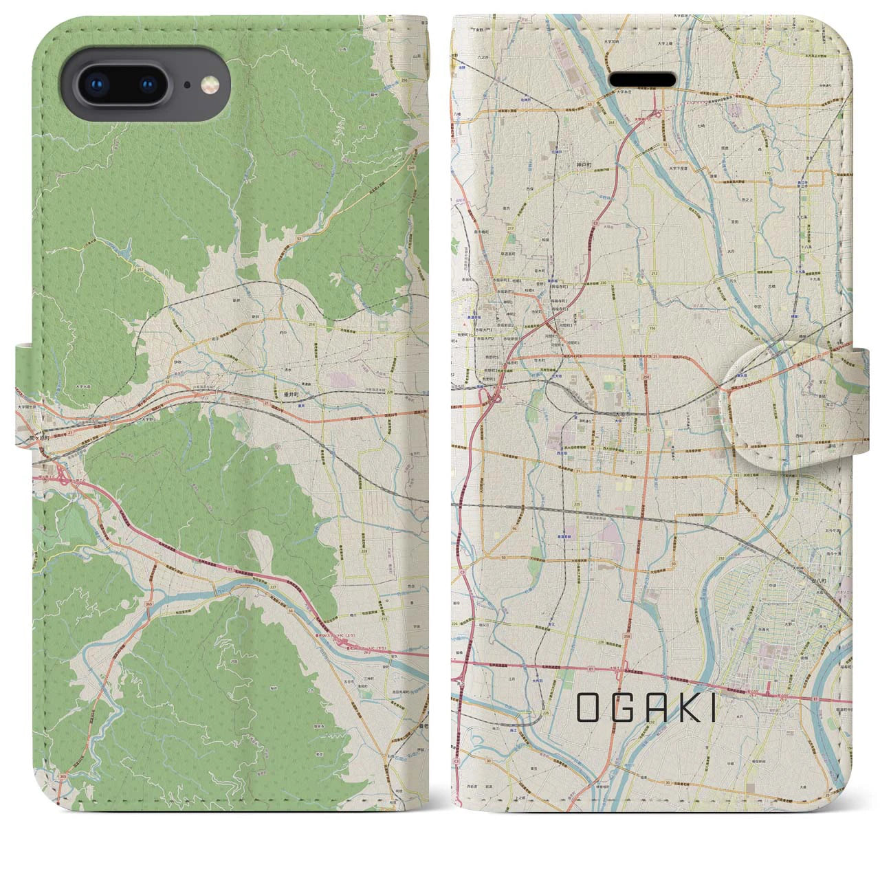 【大垣(岐阜県)】地図柄iPhoneケース(手帳タイプ)ナチュラル・iPhone 8Plus /7Plus / 6sPlus / 6Plus 用