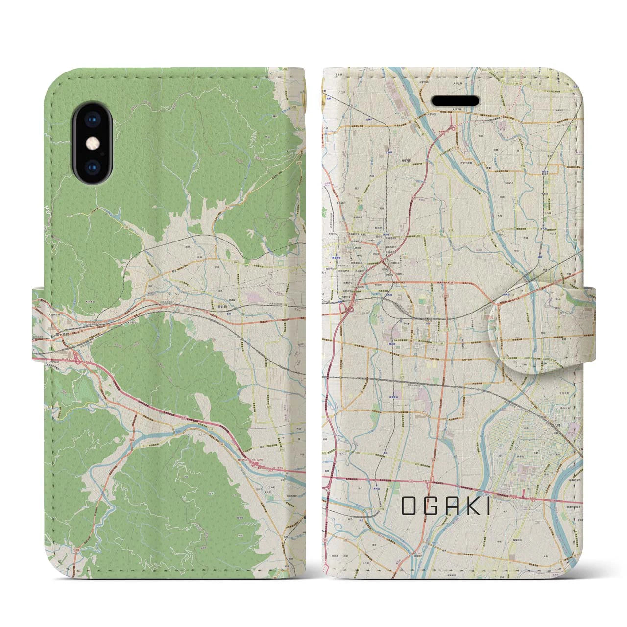 【大垣(岐阜県)】地図柄iPhoneケース(手帳タイプ)ナチュラル・iPhone XS / X 用