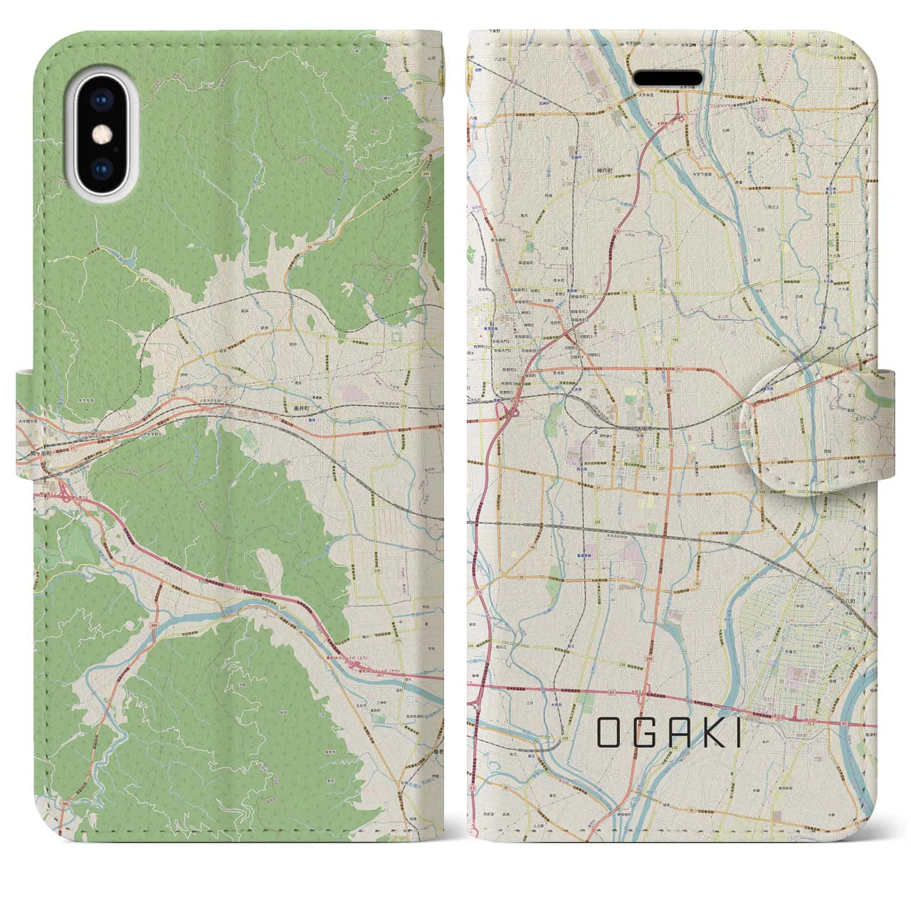 【大垣(岐阜県)】地図柄iPhoneケース(手帳タイプ)ナチュラル・iPhone XS Max 用