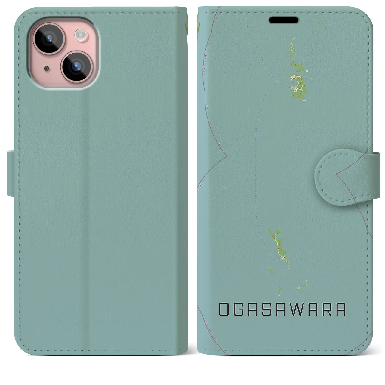 【小笠原(東京都)】地図柄iPhoneケース(手帳タイプ)ナチュラル・iPhone 15 Plus 用