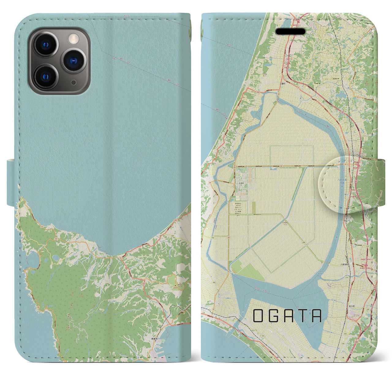 【大潟(秋田県)】地図柄iPhoneケース(手帳タイプ)ナチュラル・iPhone 11 Pro Max 用