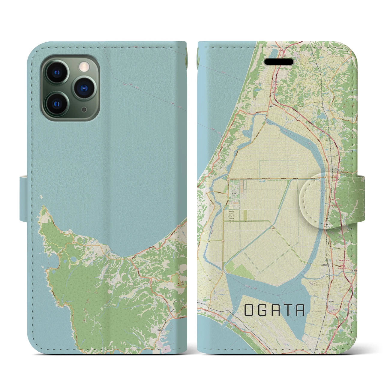 【大潟(秋田県)】地図柄iPhoneケース(手帳タイプ)ナチュラル・iPhone 11 Pro 用