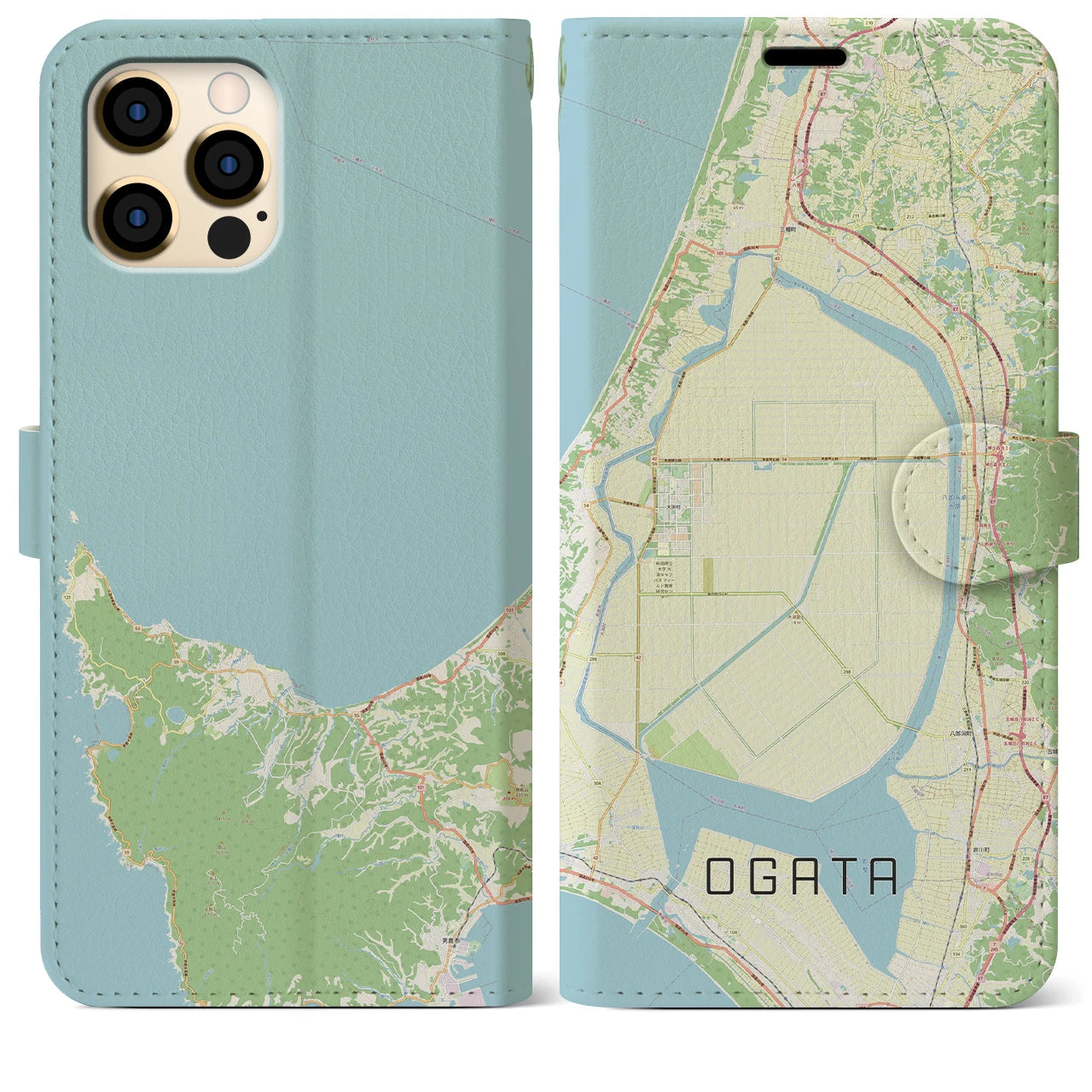 【大潟(秋田県)】地図柄iPhoneケース(手帳タイプ)ナチュラル・iPhone 12 Pro Max 用