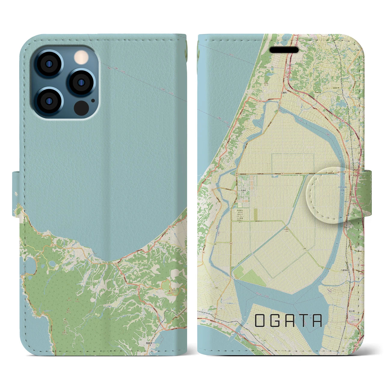 【大潟(秋田県)】地図柄iPhoneケース(手帳タイプ)ナチュラル・iPhone 12 / 12 Pro 用