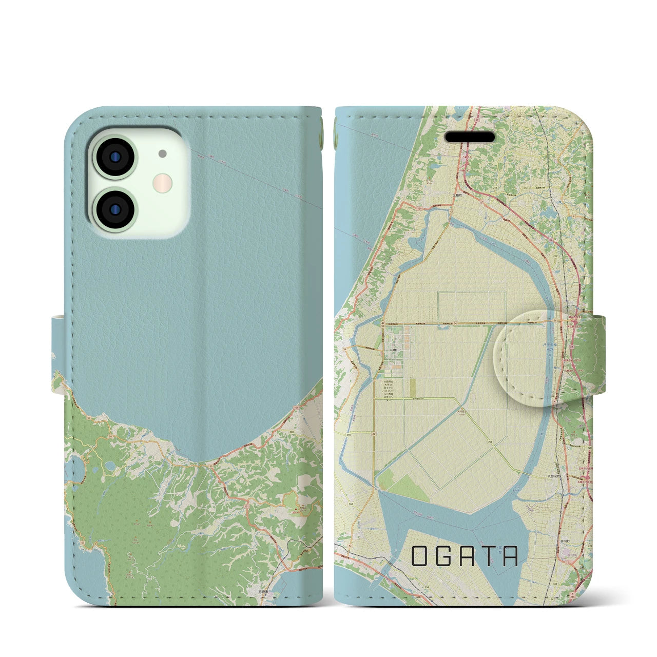 【大潟(秋田県)】地図柄iPhoneケース(手帳タイプ)ナチュラル・iPhone 12 mini 用