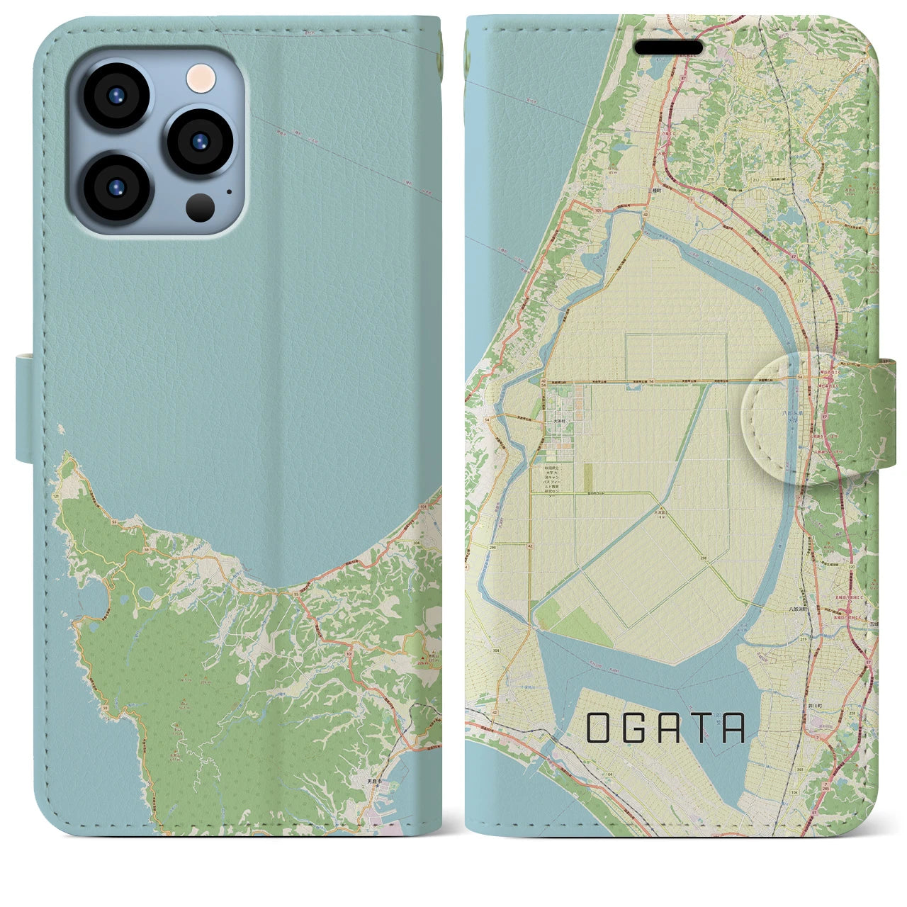 【大潟(秋田県)】地図柄iPhoneケース(手帳タイプ)ナチュラル・iPhone 13 Pro Max 用