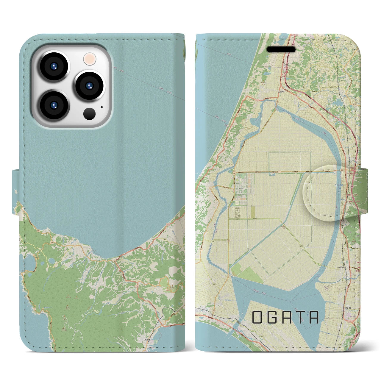 【大潟(秋田県)】地図柄iPhoneケース(手帳タイプ)ナチュラル・iPhone 13 Pro 用