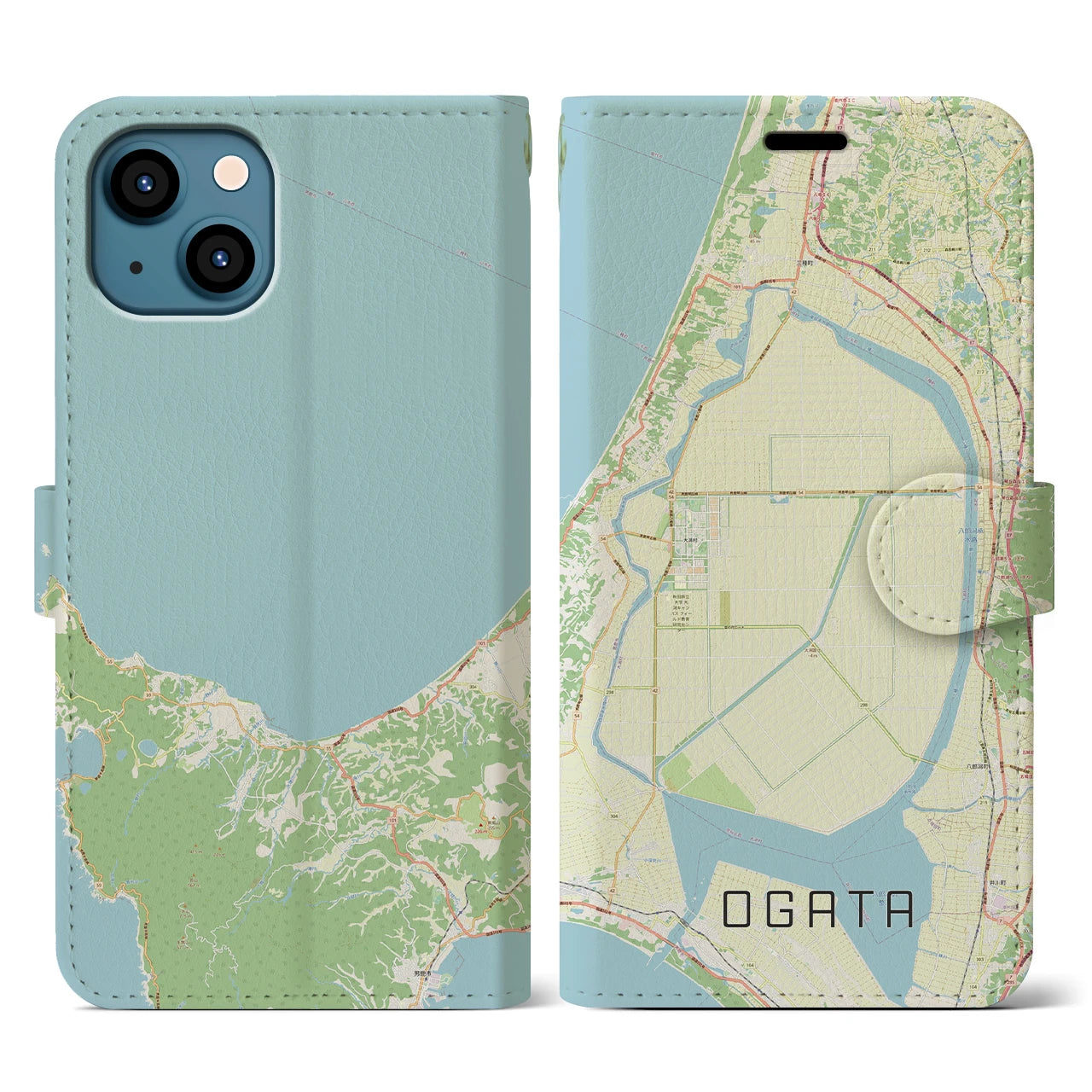 【大潟(秋田県)】地図柄iPhoneケース(手帳タイプ)ナチュラル・iPhone 13 用