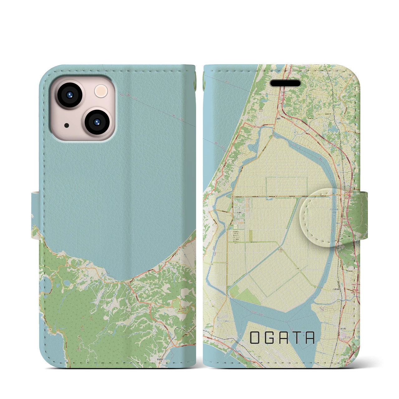 【大潟(秋田県)】地図柄iPhoneケース(手帳タイプ)ナチュラル・iPhone 13 mini 用