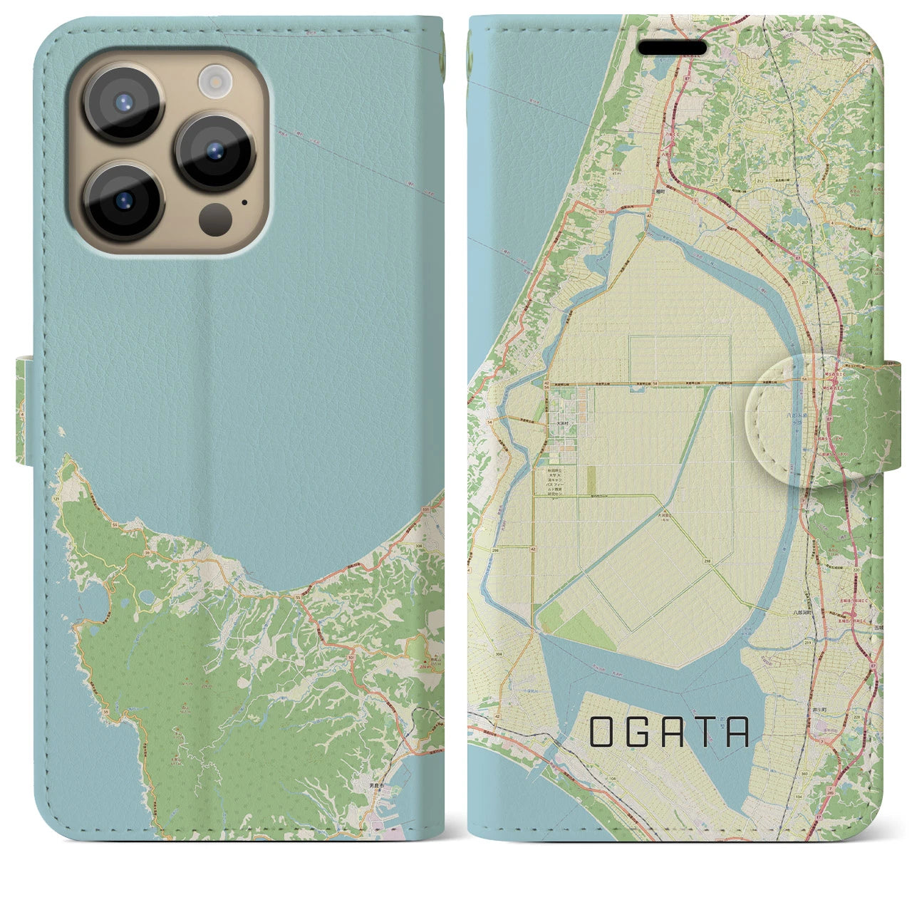 【大潟(秋田県)】地図柄iPhoneケース(手帳タイプ)ナチュラル・iPhone 14 Pro Max 用