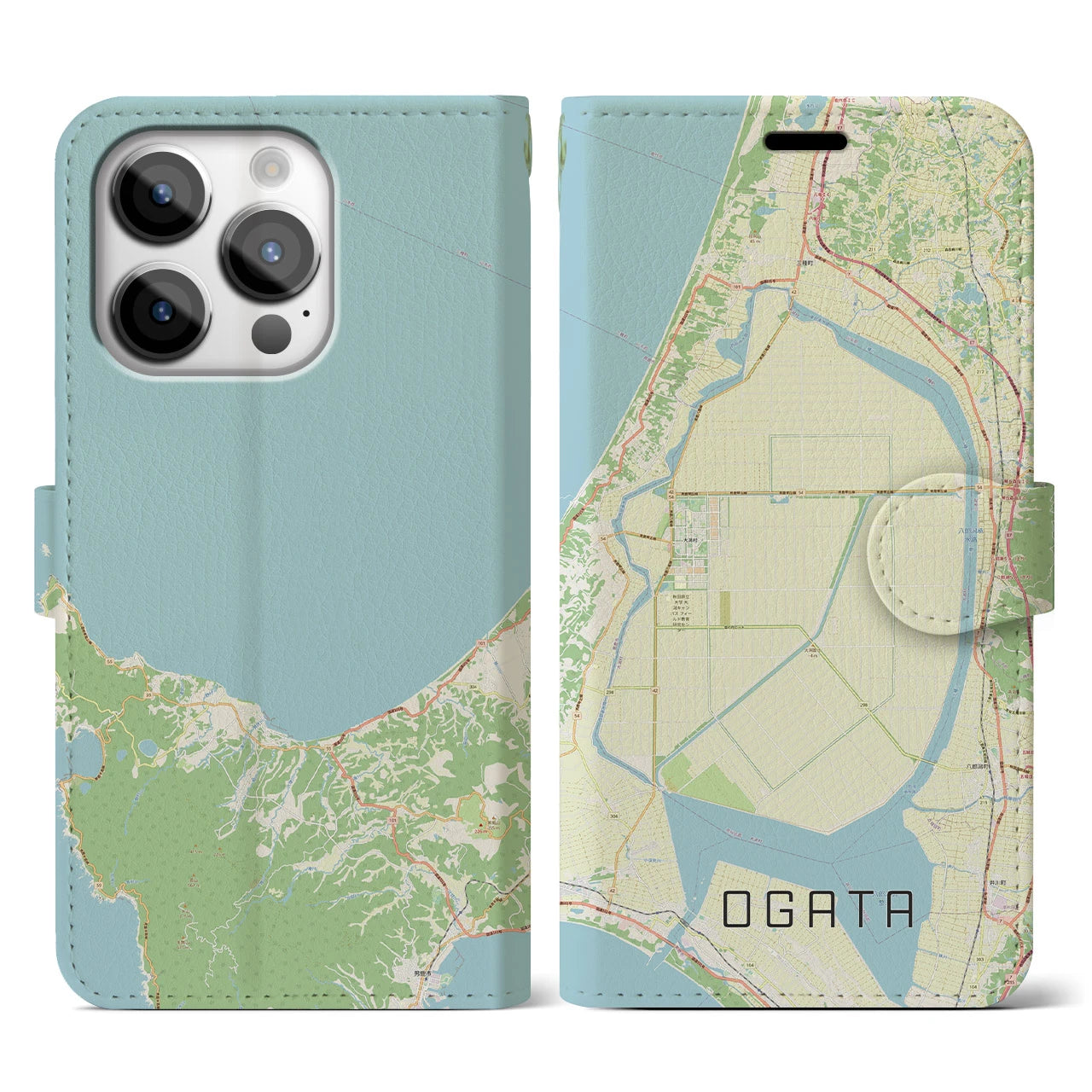 【大潟(秋田県)】地図柄iPhoneケース(手帳タイプ)ナチュラル・iPhone 14 Pro 用