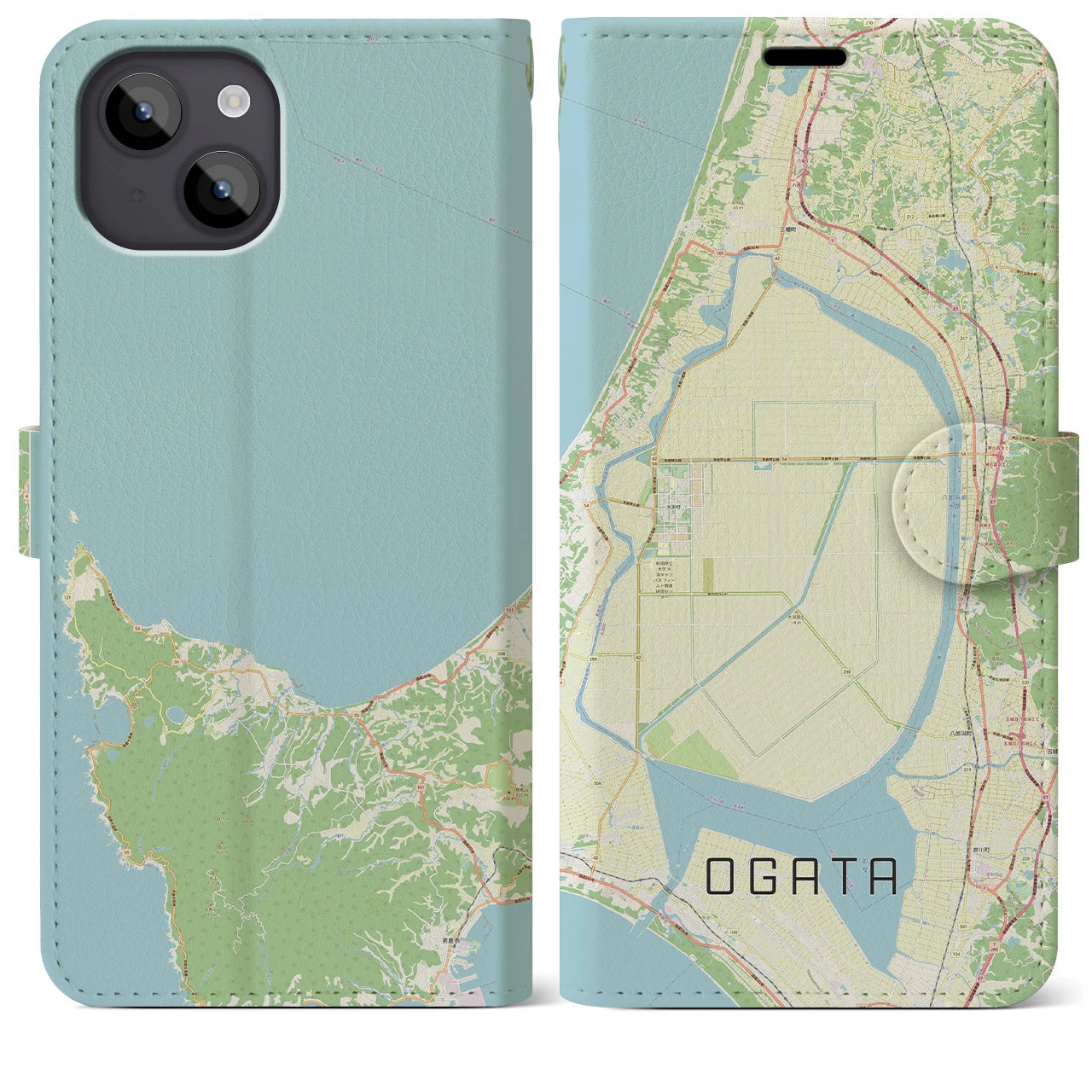 【大潟(秋田県)】地図柄iPhoneケース(手帳タイプ)ナチュラル・iPhone 14 Plus 用