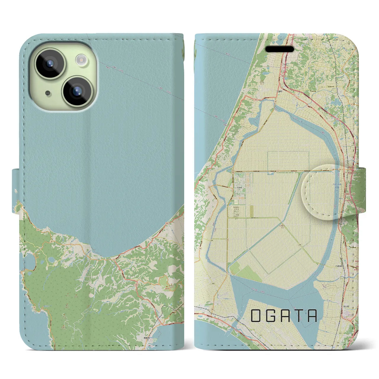 【大潟(秋田県)】地図柄iPhoneケース(手帳タイプ)ナチュラル・iPhone 15 用