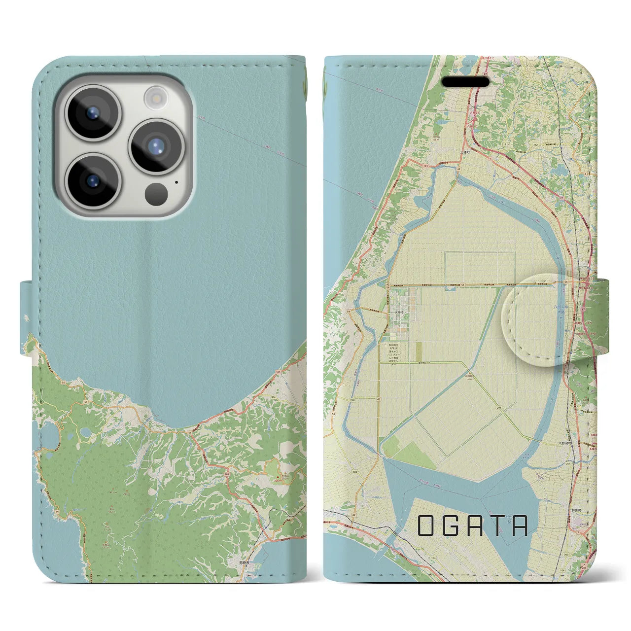 【大潟(秋田県)】地図柄iPhoneケース(手帳タイプ)ナチュラル・iPhone 15 Pro 用