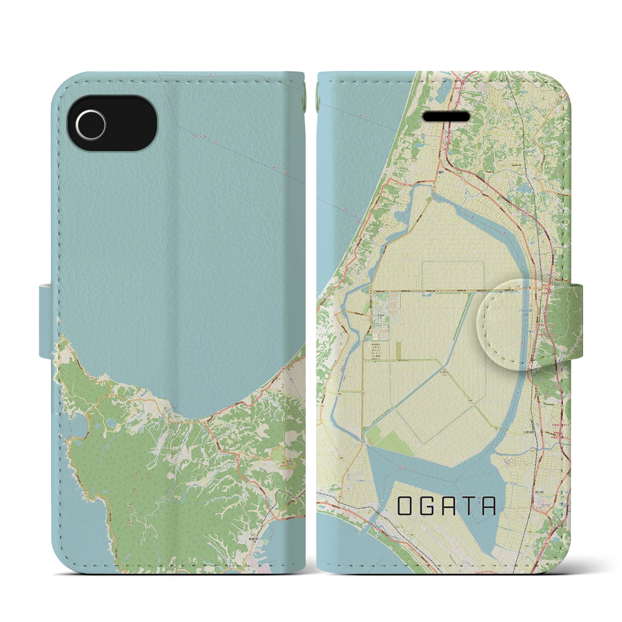 【大潟(秋田県)】地図柄iPhoneケース(手帳タイプ)ナチュラル・iPhone SE(第3 / 第2世代) / 8 / 7 / 6s / 6 用