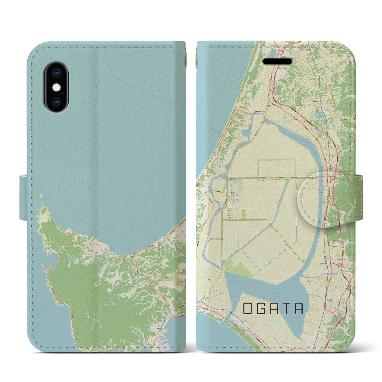 【大潟(秋田県)】地図柄iPhoneケース(手帳タイプ)ナチュラル・iPhone XS / X 用