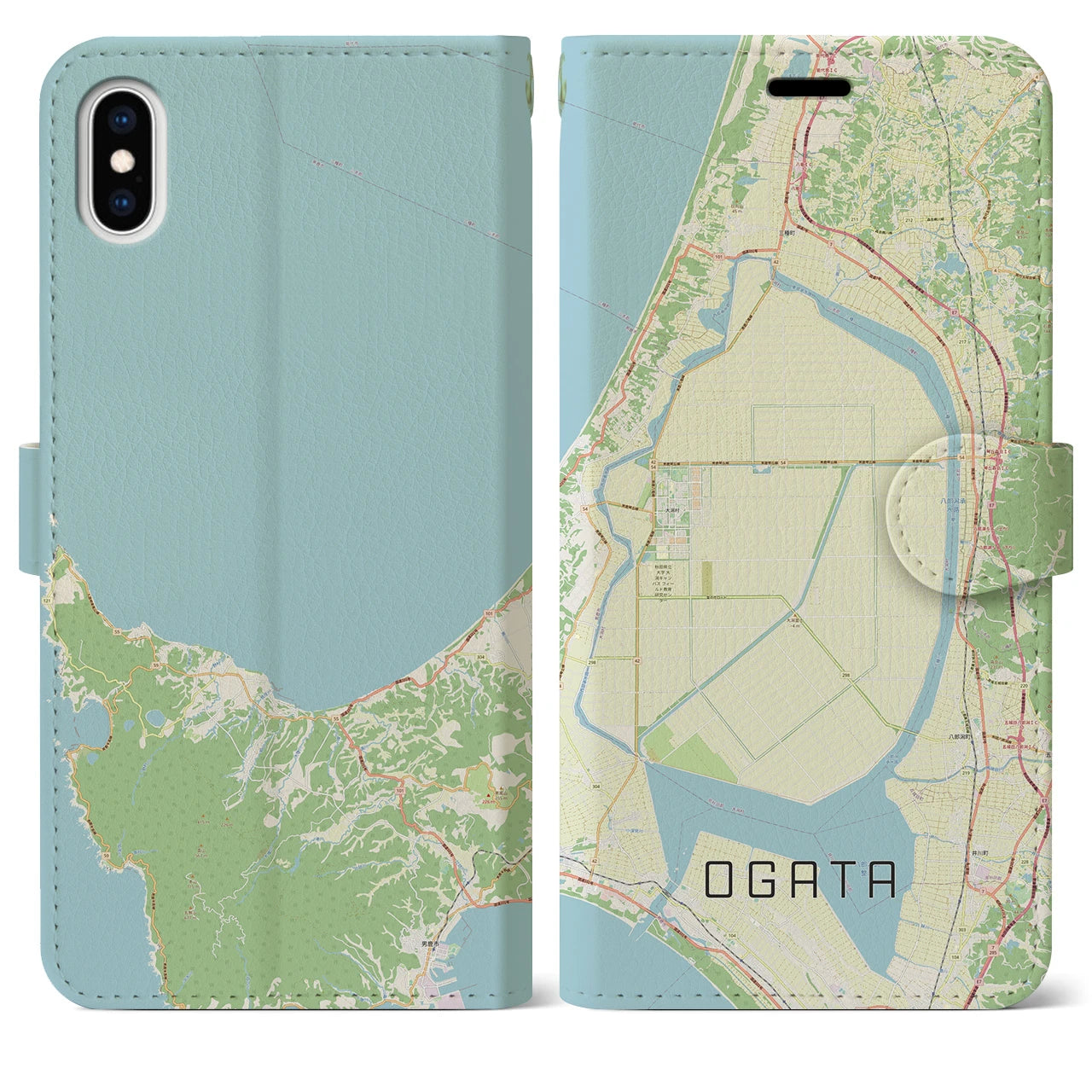 【大潟(秋田県)】地図柄iPhoneケース(手帳タイプ)ナチュラル・iPhone XS Max 用