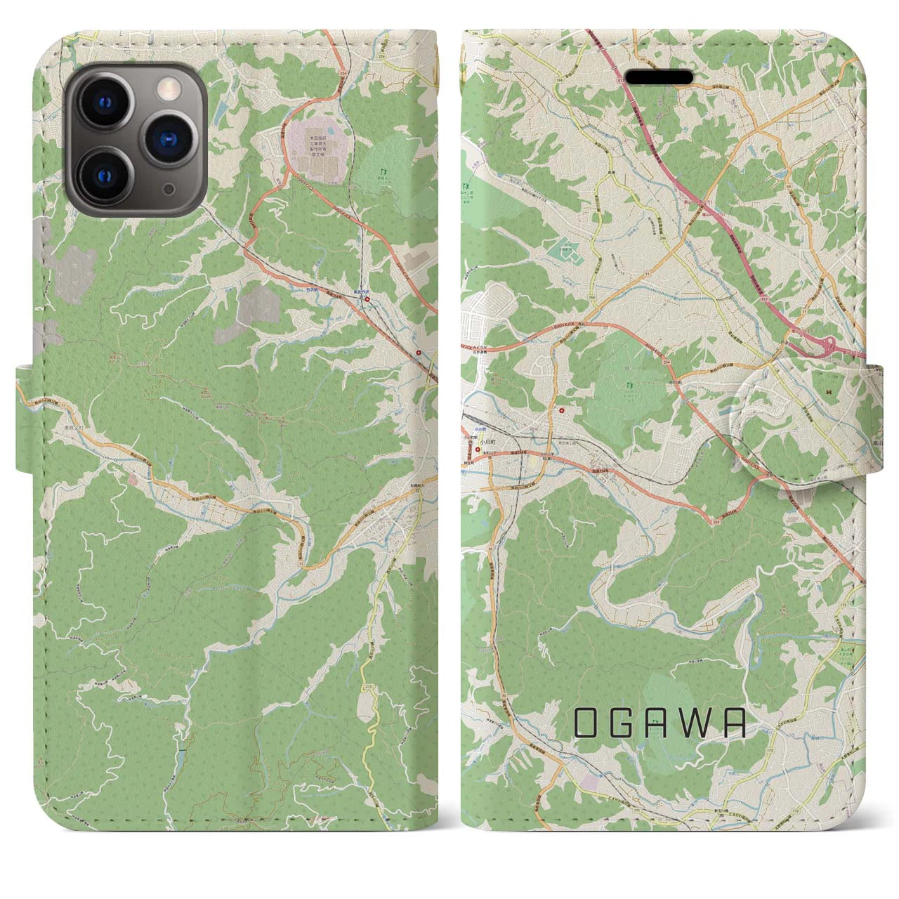 【小川(埼玉県)】地図柄iPhoneケース(手帳タイプ)ナチュラル・iPhone 11 Pro Max 用