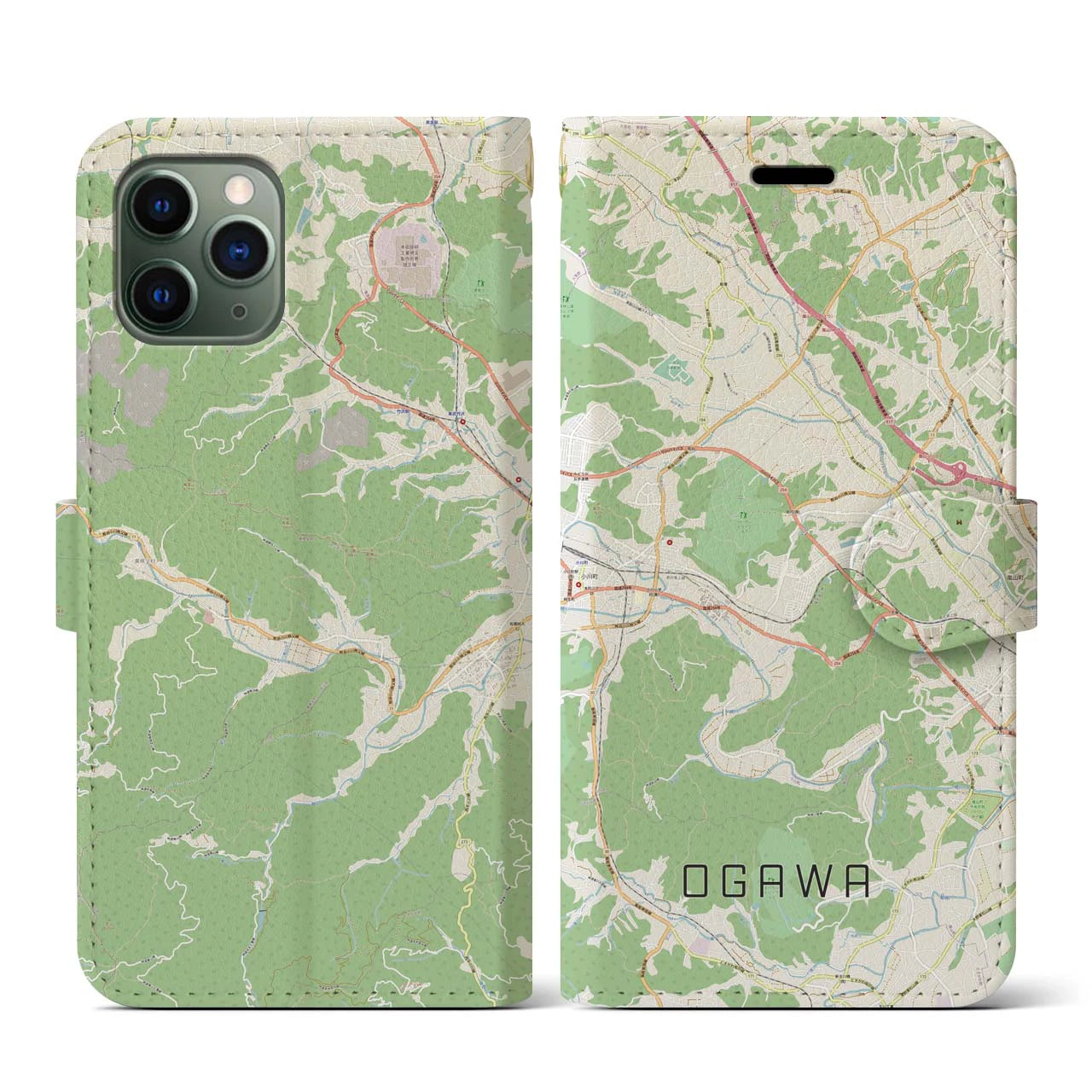 【小川(埼玉県)】地図柄iPhoneケース(手帳タイプ)ナチュラル・iPhone 11 Pro 用