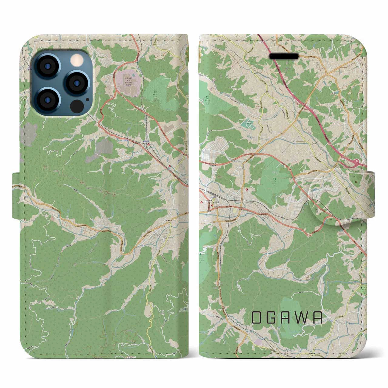 【小川(埼玉県)】地図柄iPhoneケース(手帳タイプ)ナチュラル・iPhone 12 / 12 Pro 用