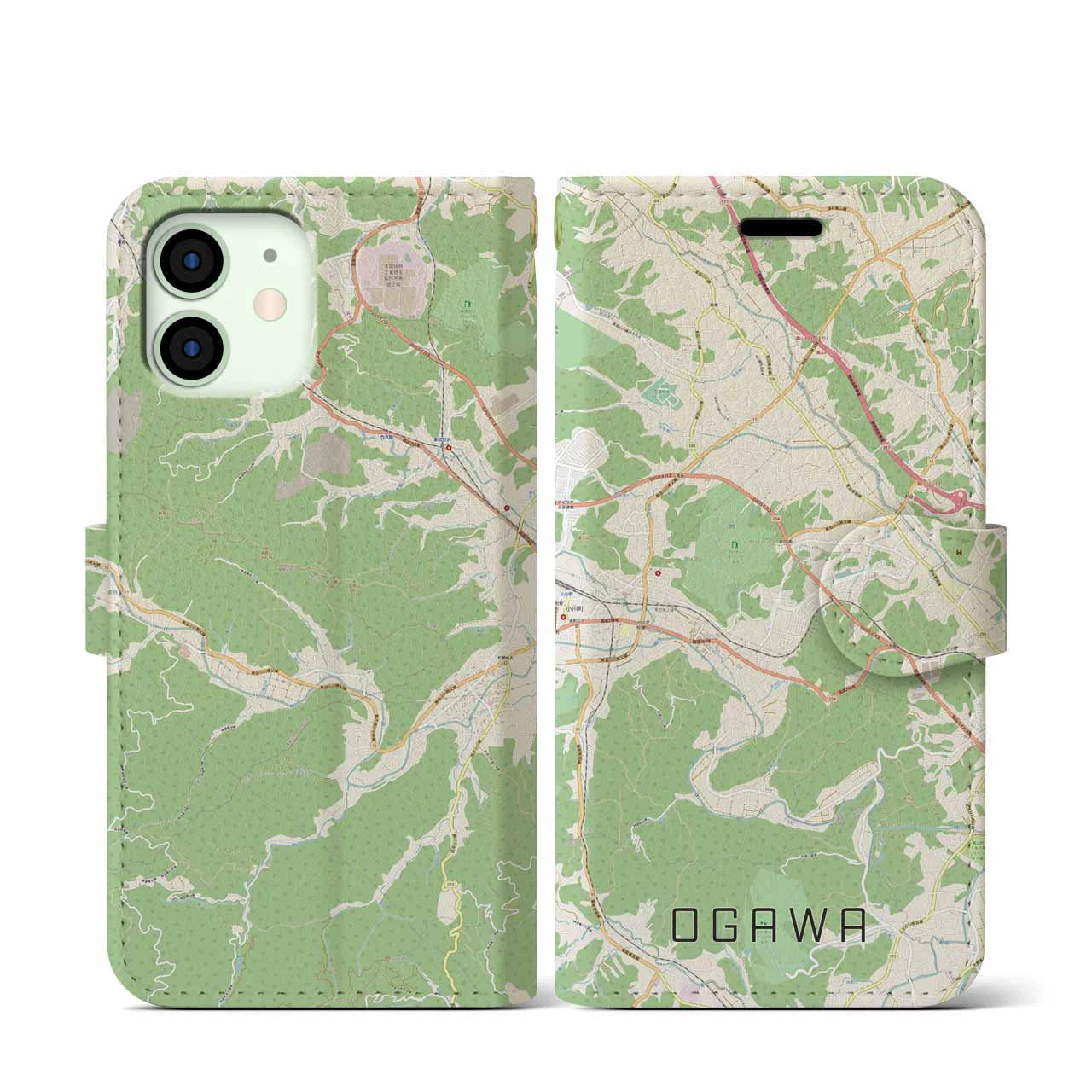 【小川(埼玉県)】地図柄iPhoneケース(手帳タイプ)ナチュラル・iPhone 12 mini 用