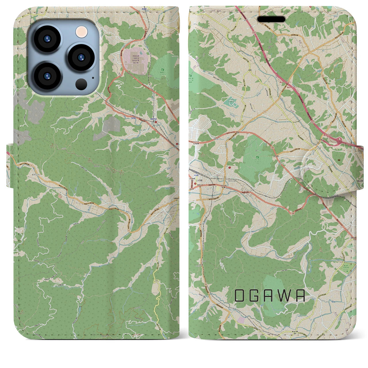 【小川(埼玉県)】地図柄iPhoneケース(手帳タイプ)ナチュラル・iPhone 13 Pro Max 用