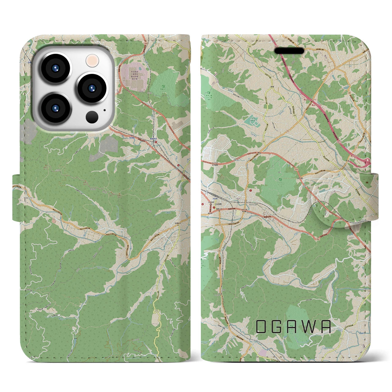 【小川(埼玉県)】地図柄iPhoneケース(手帳タイプ)ナチュラル・iPhone 13 Pro 用