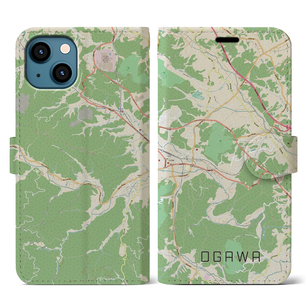 【小川(埼玉県)】地図柄iPhoneケース(手帳タイプ)ナチュラル・iPhone 13 用