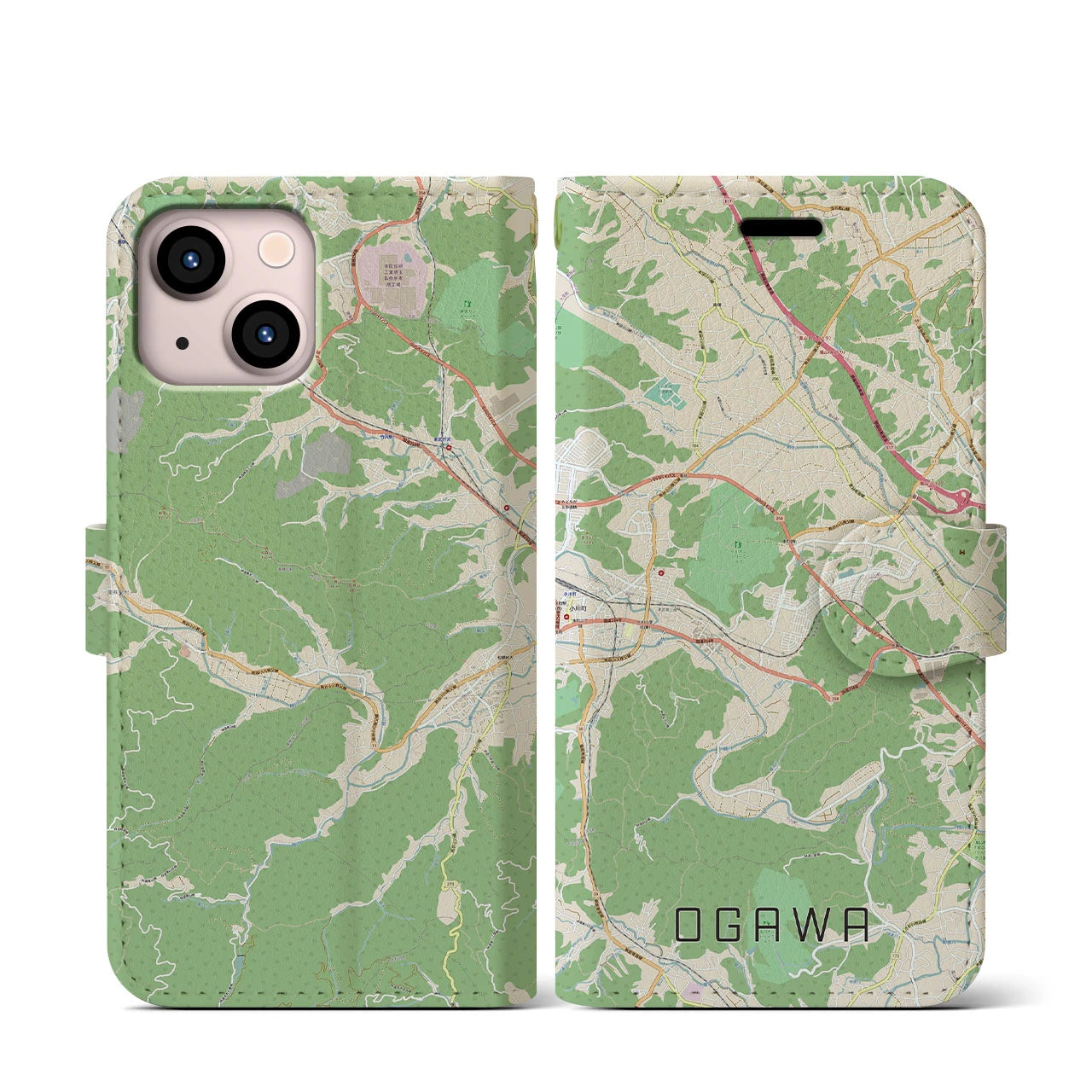【小川(埼玉県)】地図柄iPhoneケース(手帳タイプ)ナチュラル・iPhone 13 mini 用