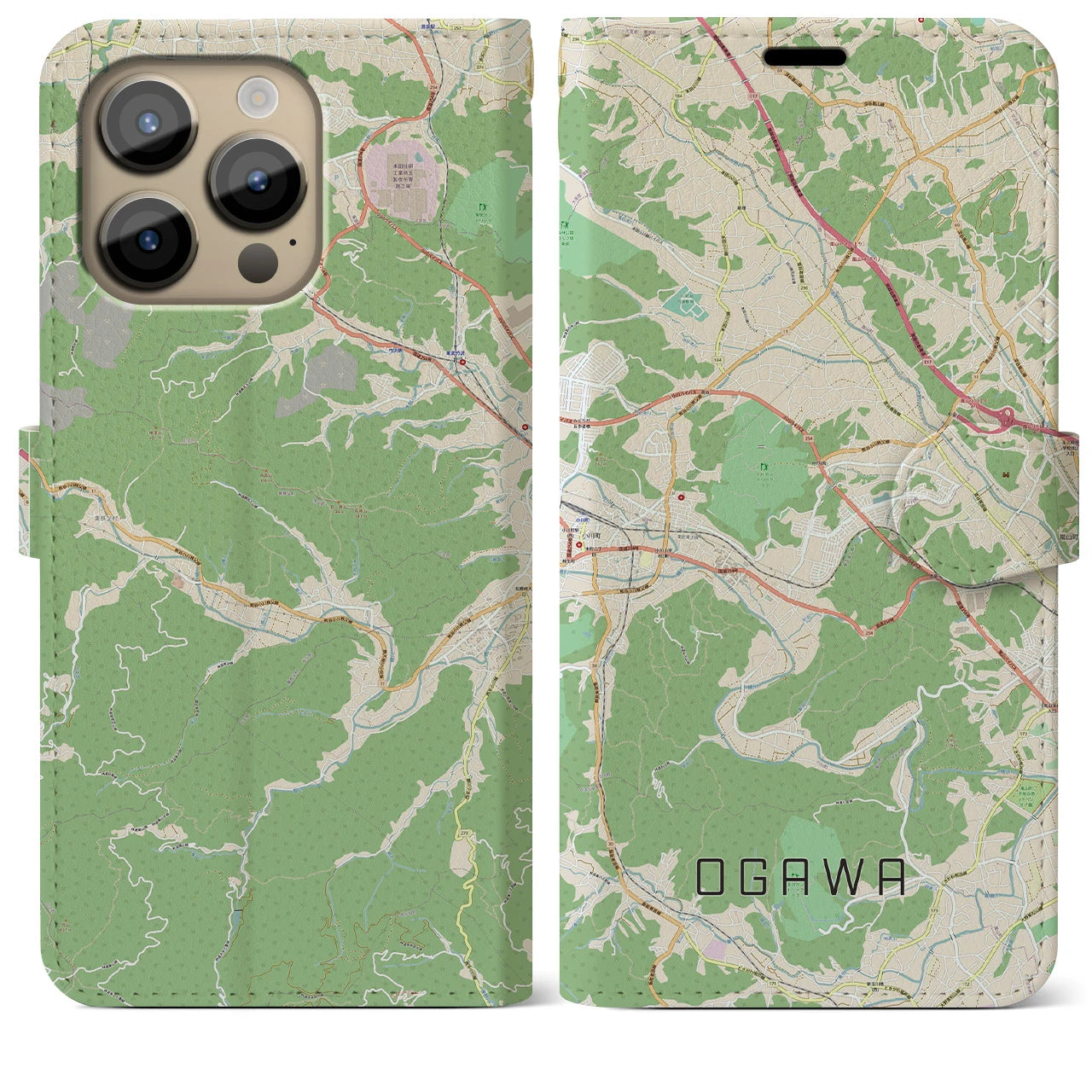 【小川(埼玉県)】地図柄iPhoneケース(手帳タイプ)ナチュラル・iPhone 14 Pro Max 用
