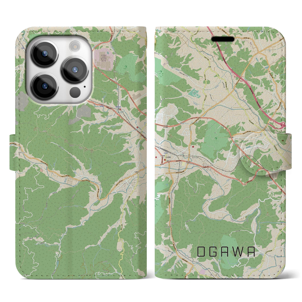 【小川(埼玉県)】地図柄iPhoneケース(手帳タイプ)ナチュラル・iPhone 14 Pro 用