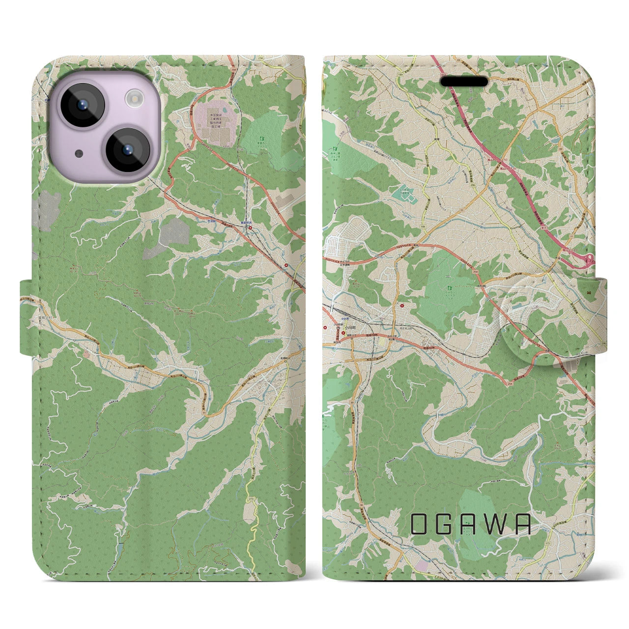 【小川(埼玉県)】地図柄iPhoneケース(手帳タイプ)ナチュラル・iPhone 14 用