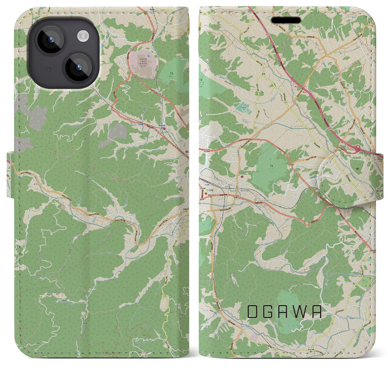 【小川(埼玉県)】地図柄iPhoneケース(手帳タイプ)ナチュラル・iPhone 14 Plus 用